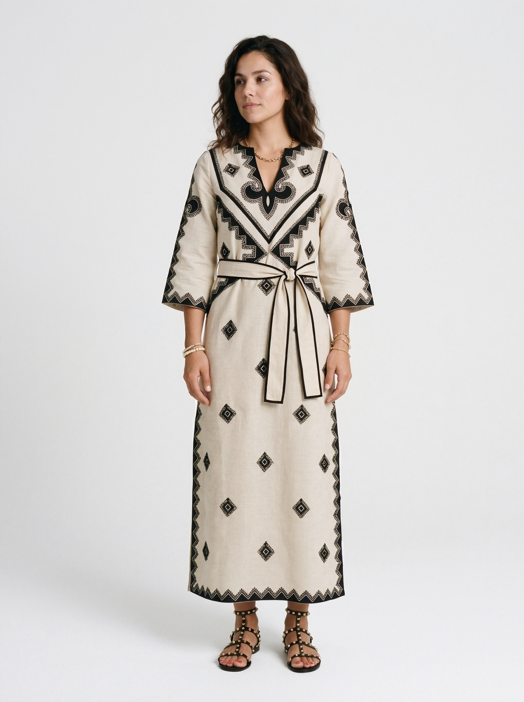 Embroidered Belted Kaftan Dress