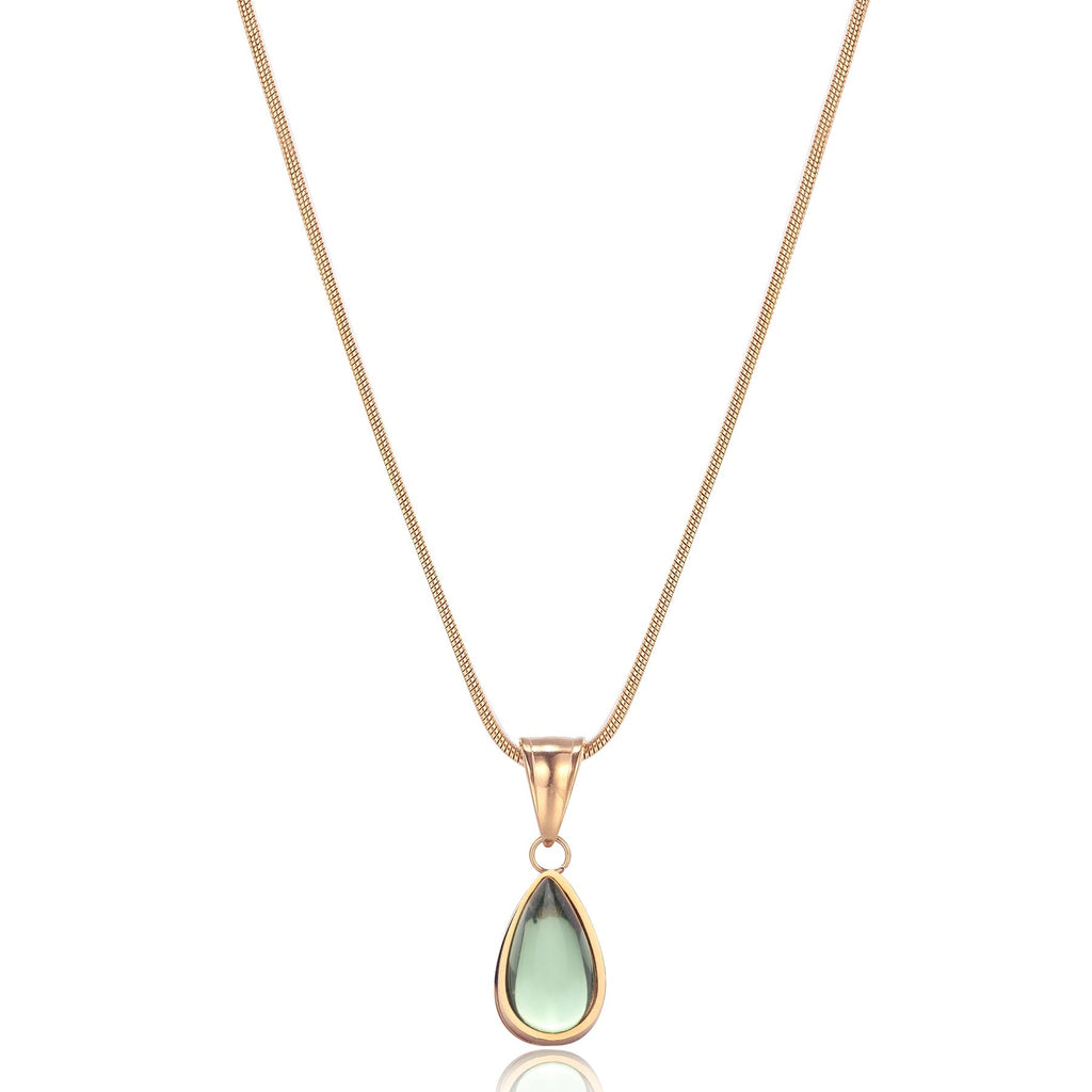 Olive Green Teardrop Gold-Tone Pendant Necklace