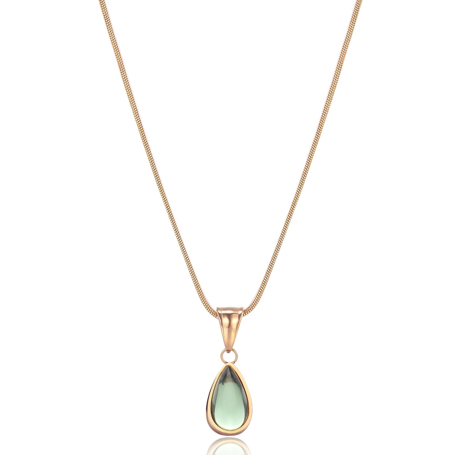 Olive Green Teardrop Gold-Tone Pendant Necklace