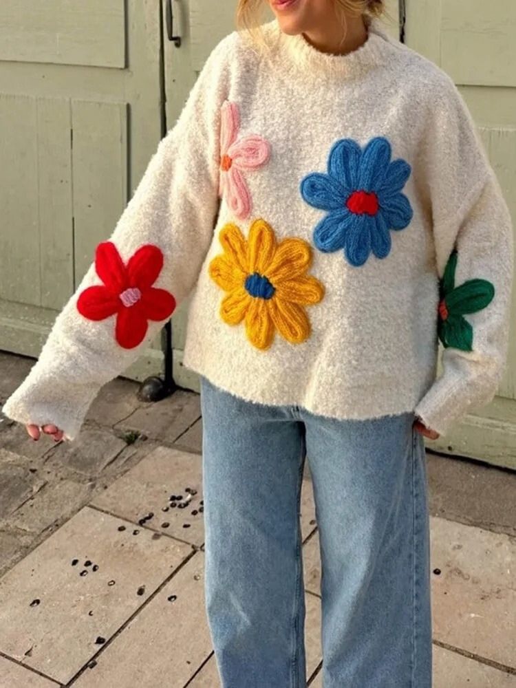 Relaxed Fit Floral Knit Sweater
