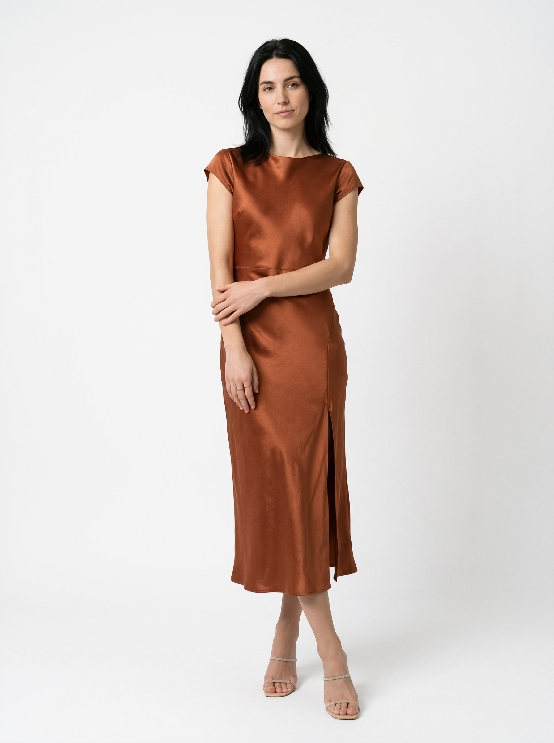 Rust Satin Midi Dress