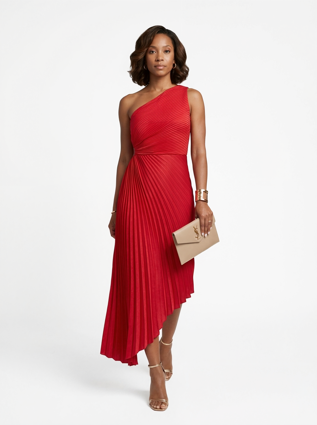 Pleated One-Shoulder Midi Dress