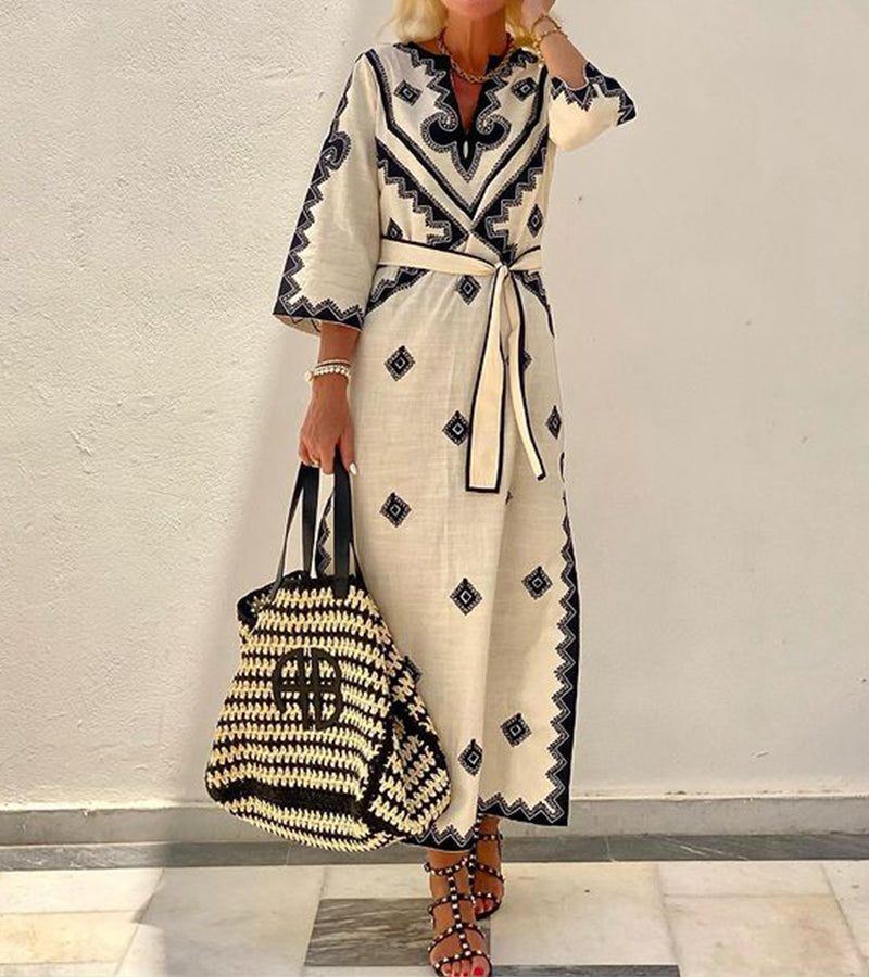 Embroidered Belted Kaftan Dress