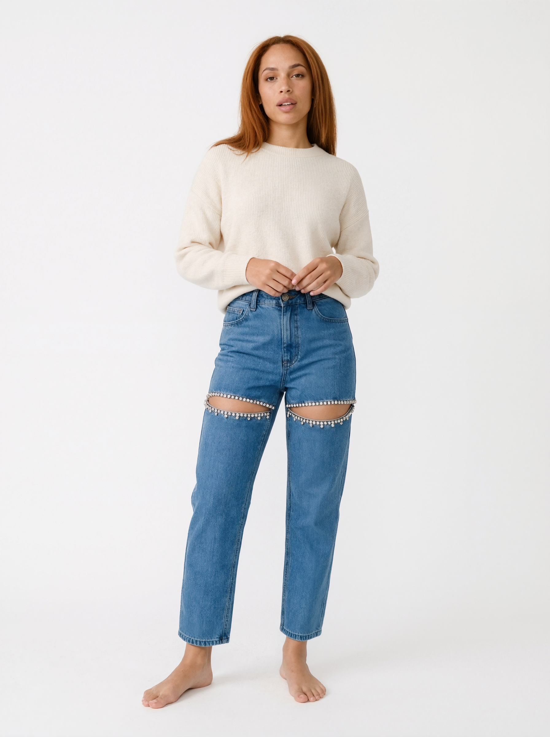 Rhinestone Cut-Out Jeans