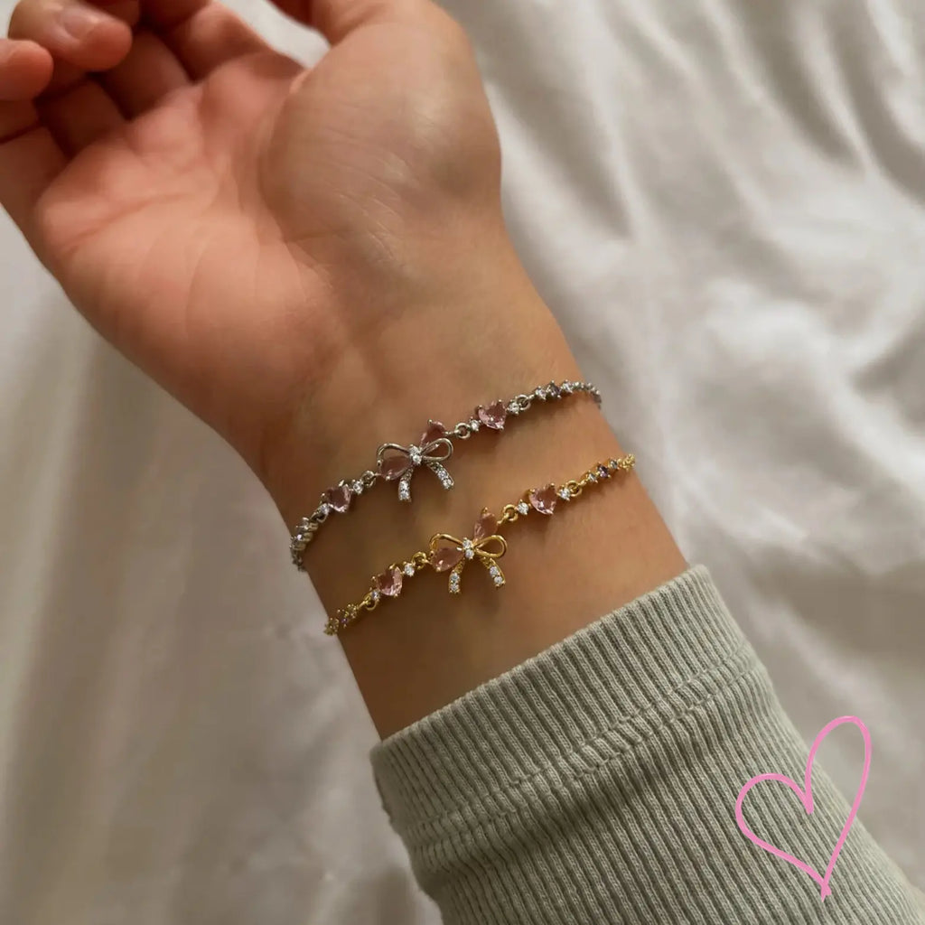 Sparkling Pink Heart Bow Bracelet