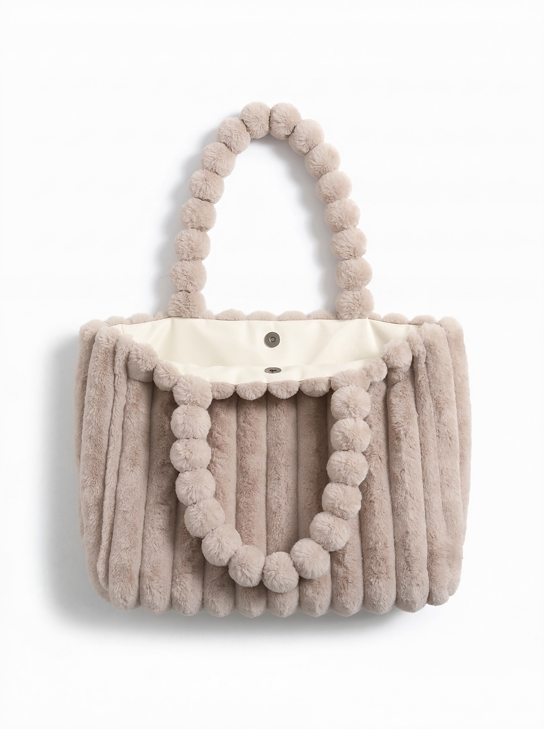 Faux Fur Pom Pom Shoulder Tote Bag
