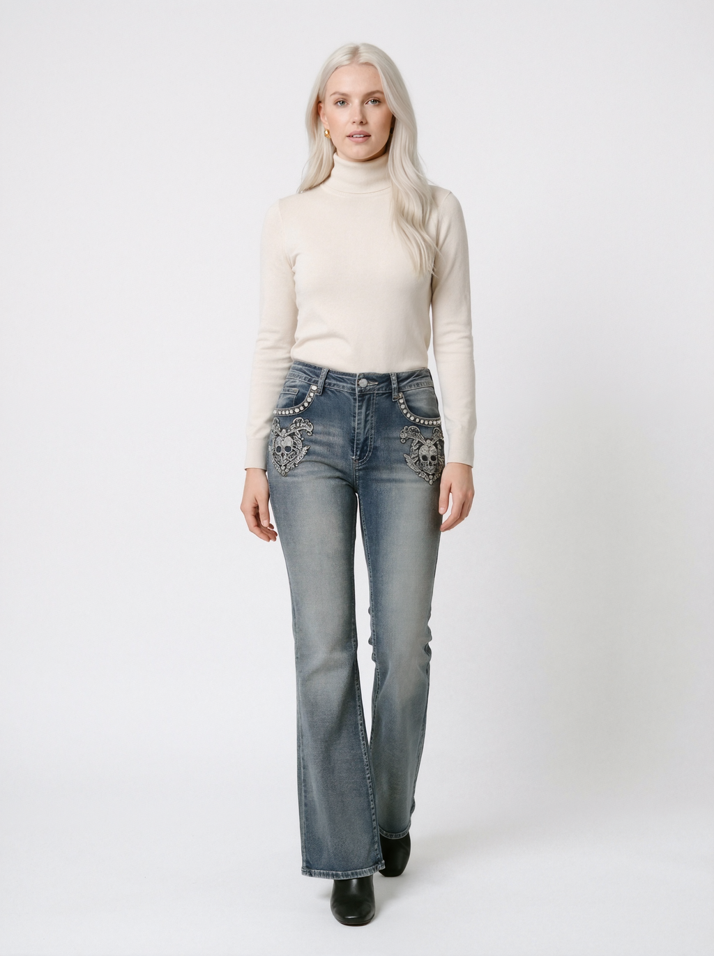 Skull Embellished Bootcut Jeans