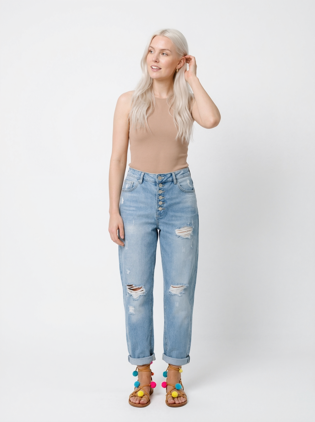 Distressed High-Waist Boyfriend Jeans