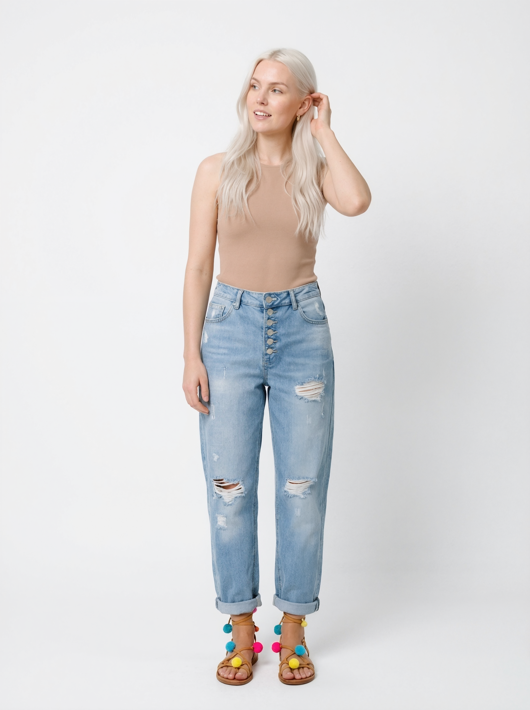 Distressed High-Waist Boyfriend Jeans