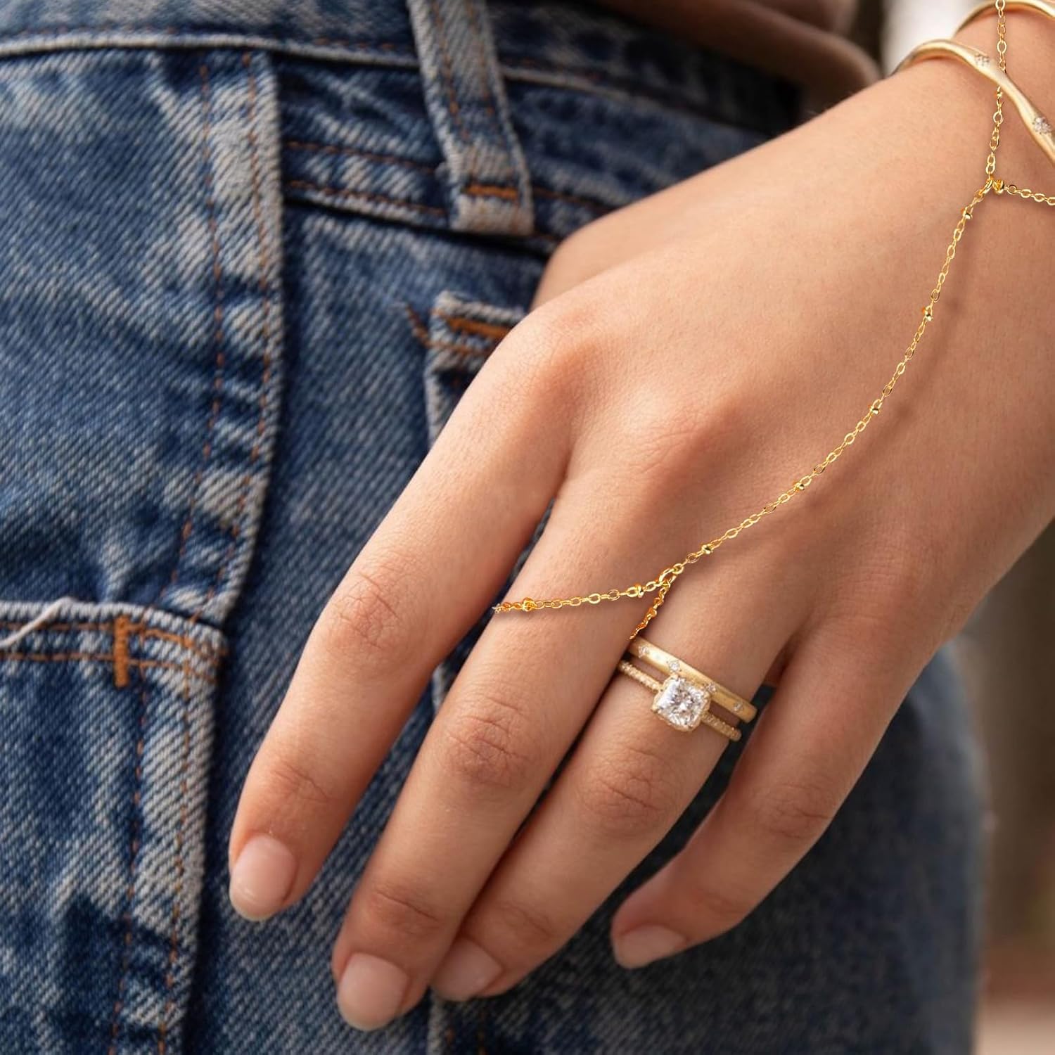 Gold Beaded Hand Chain Bracelet