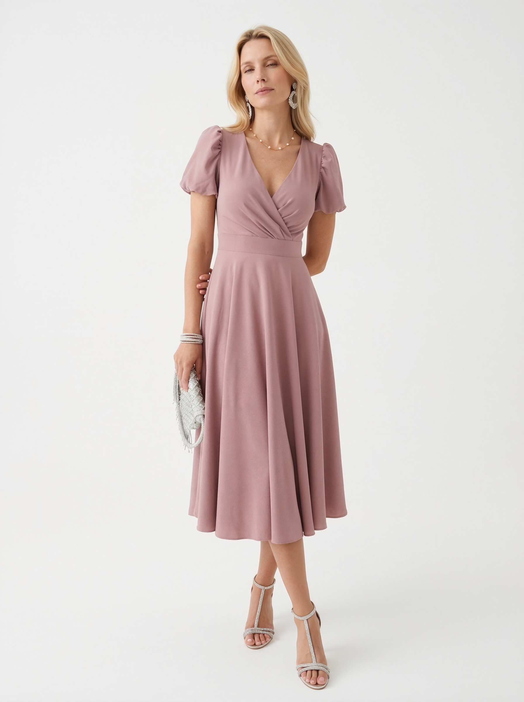 Puff Sleeve Wrap Midi Dress