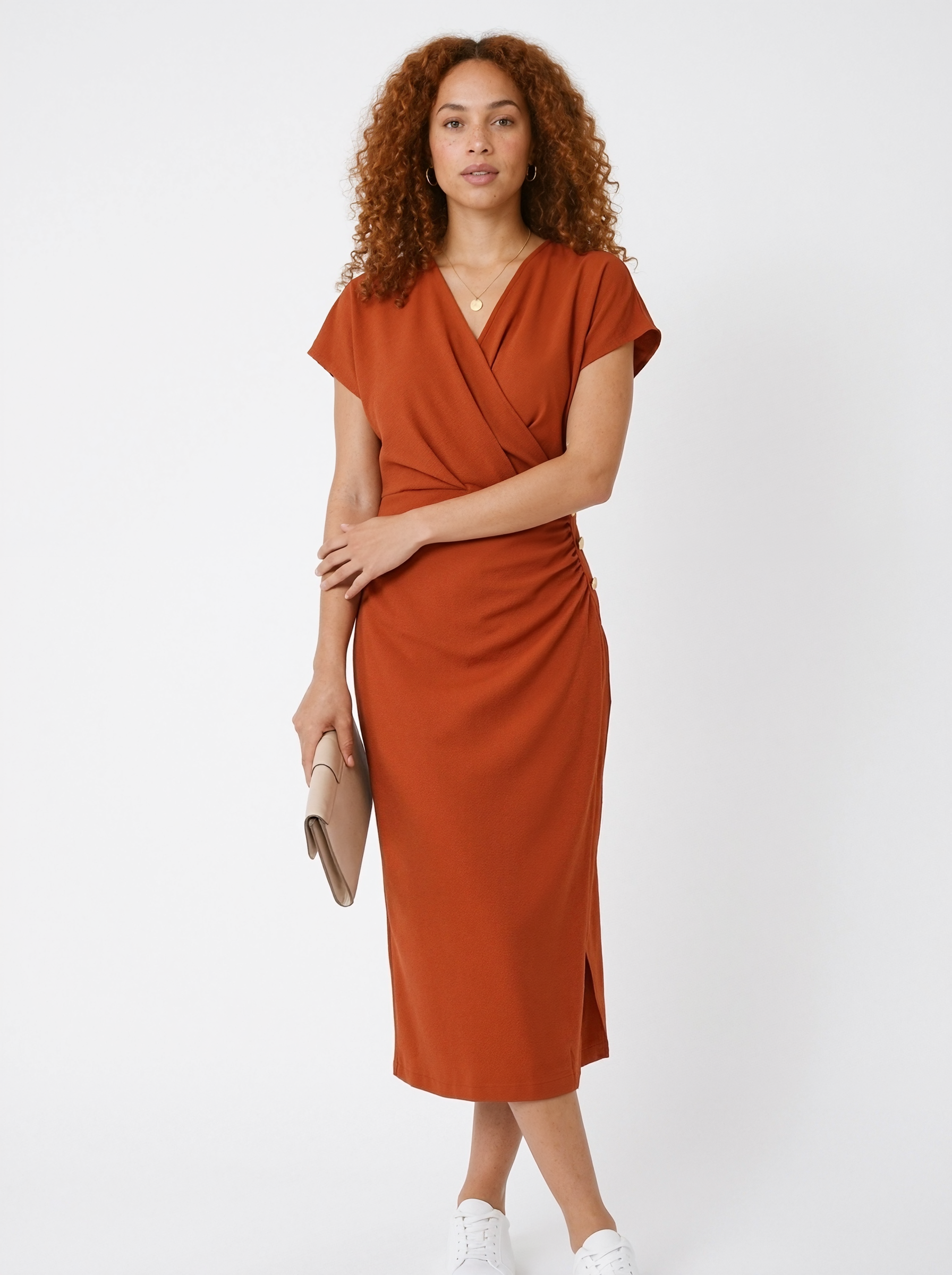 Casual Rust Wrap Midi Dress