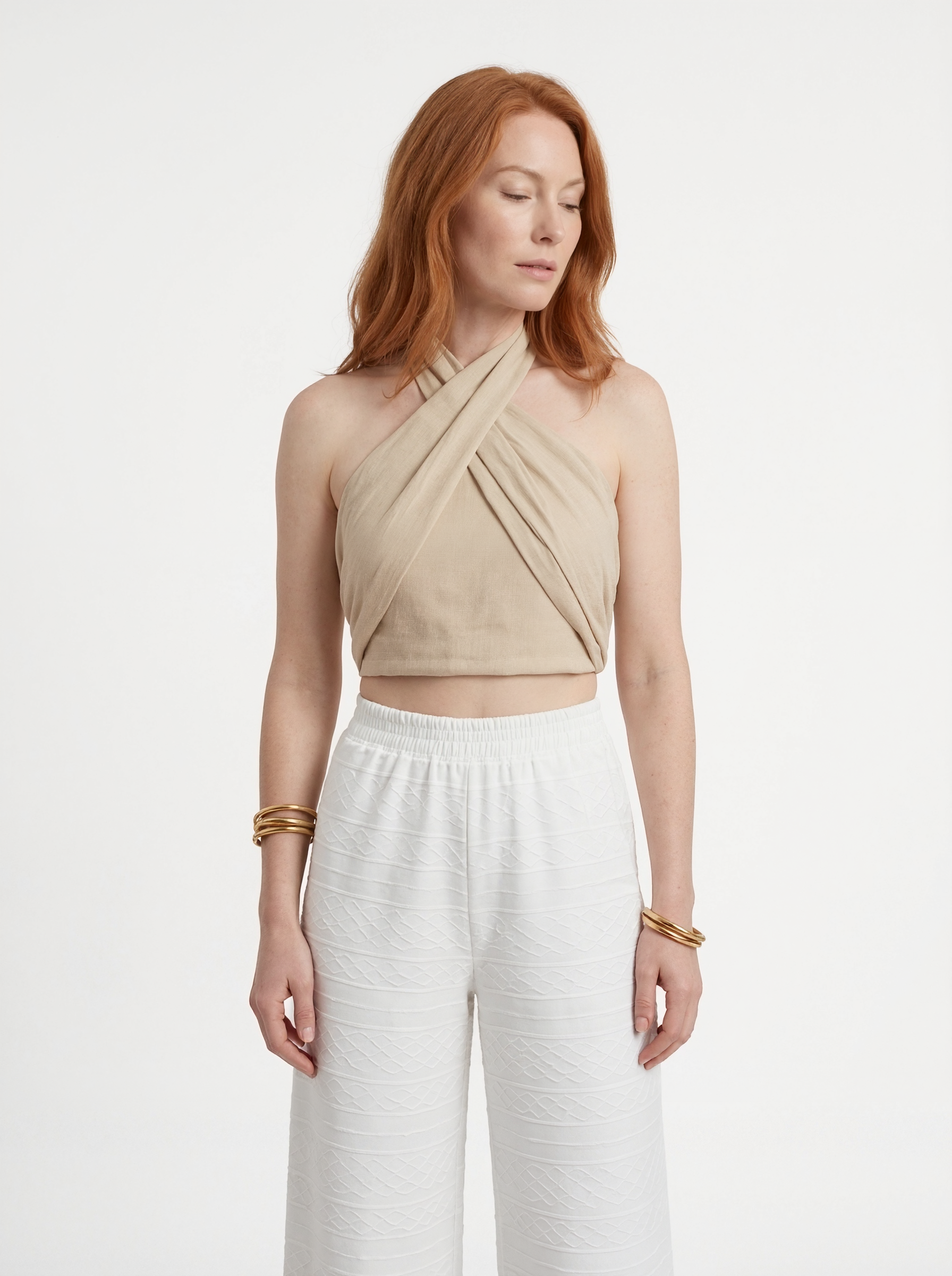 Summer Beige Crisscross Halter Crop Top