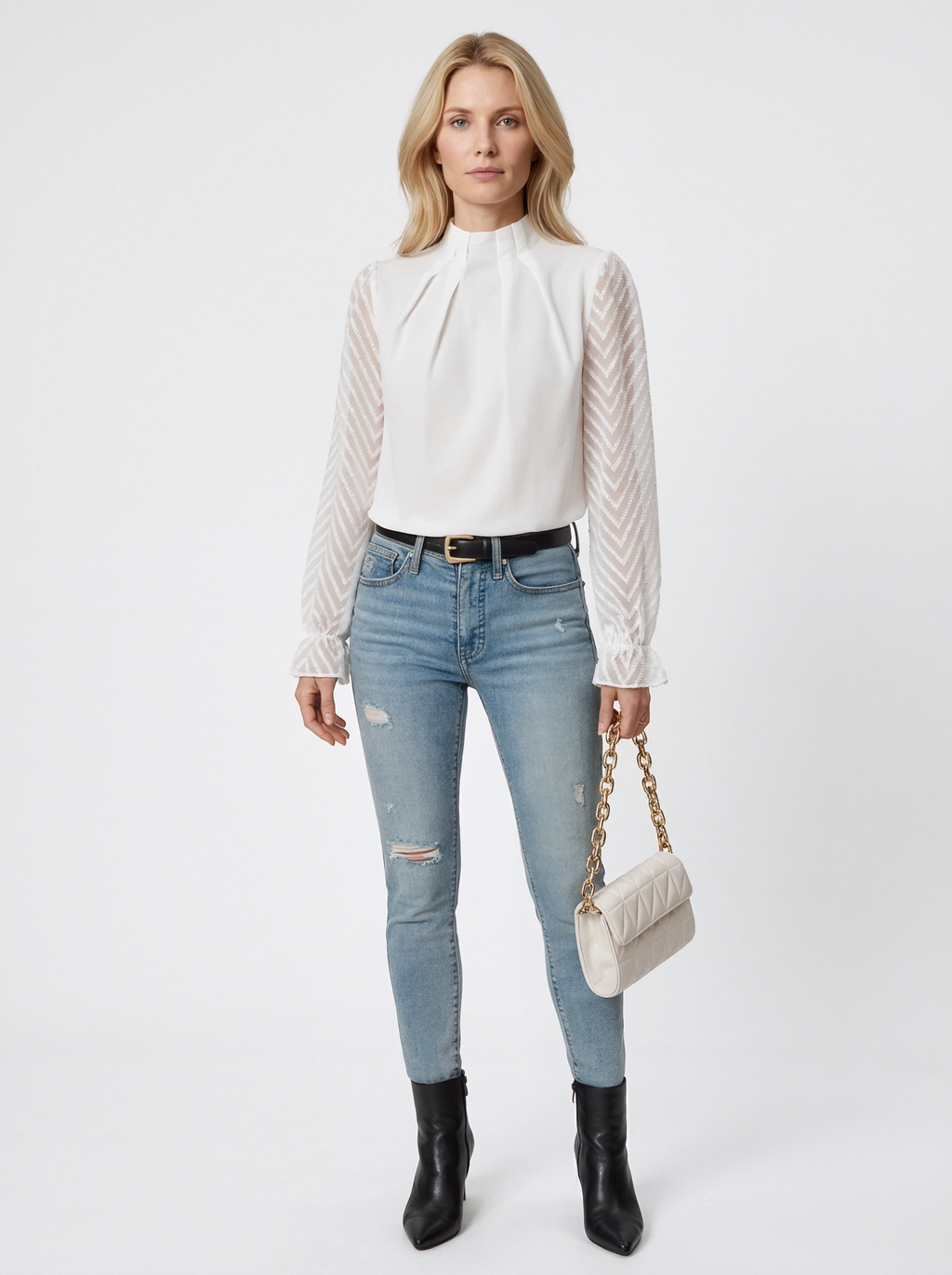 Mock Neck Sheer Sleeve Blouse