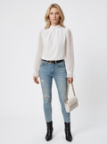 Mock Neck Sheer Sleeve Blouse