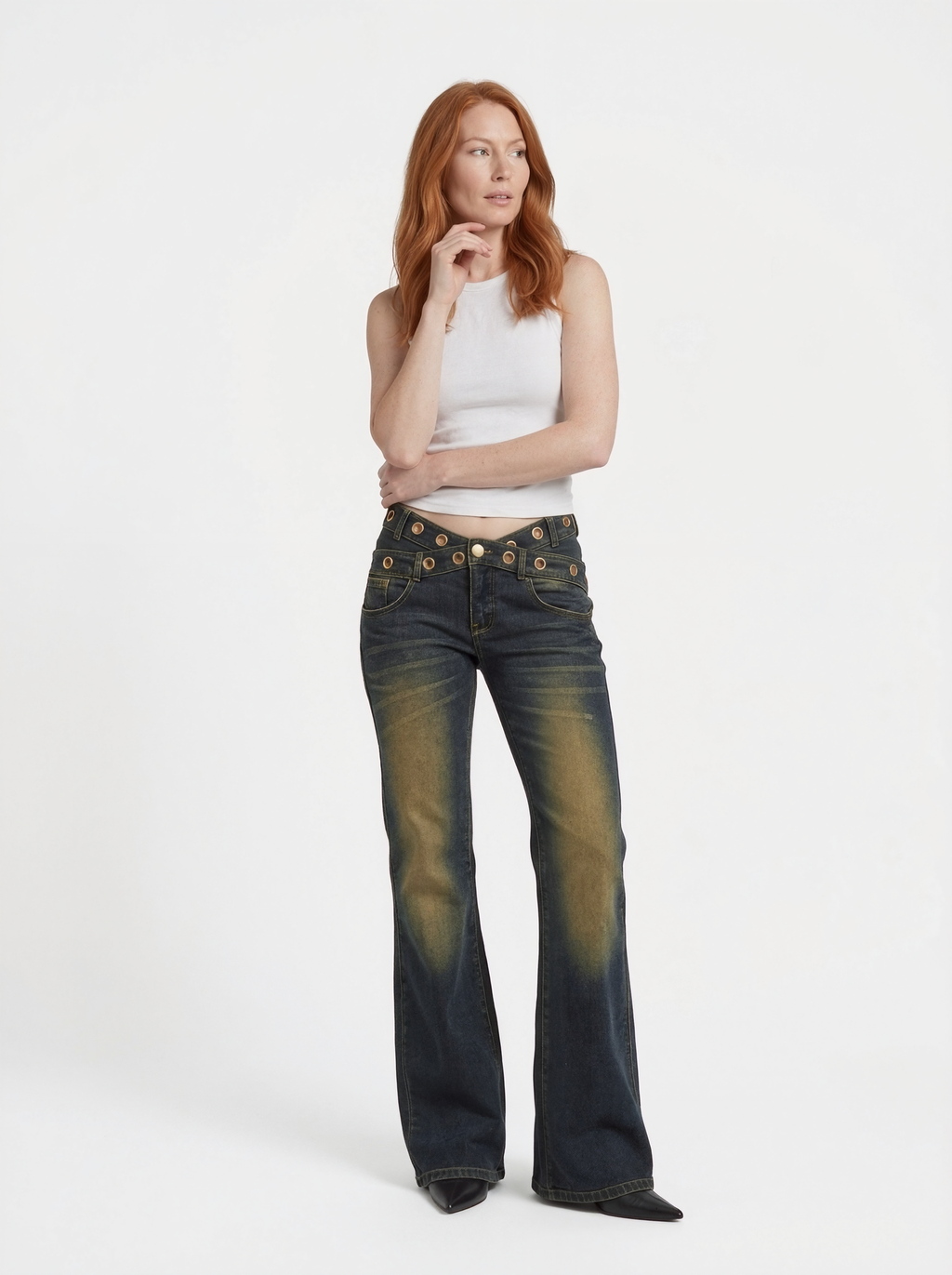 Button Detail Wide Leg Jeans