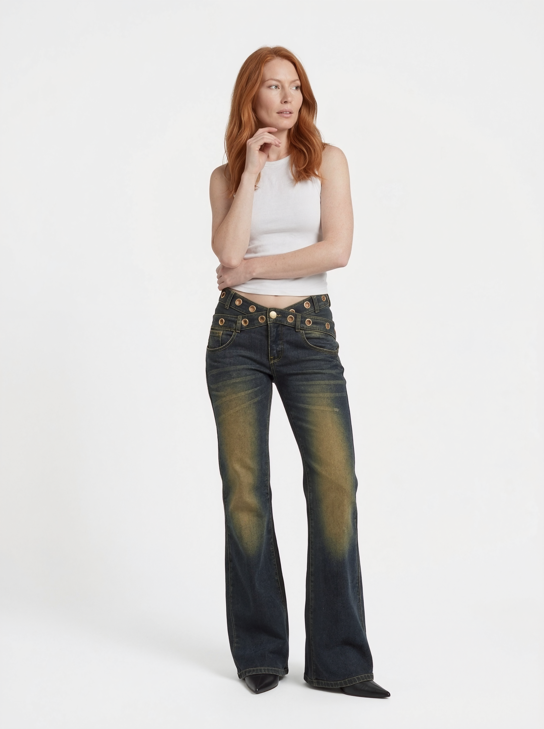 Button Detail Wide Leg Jeans