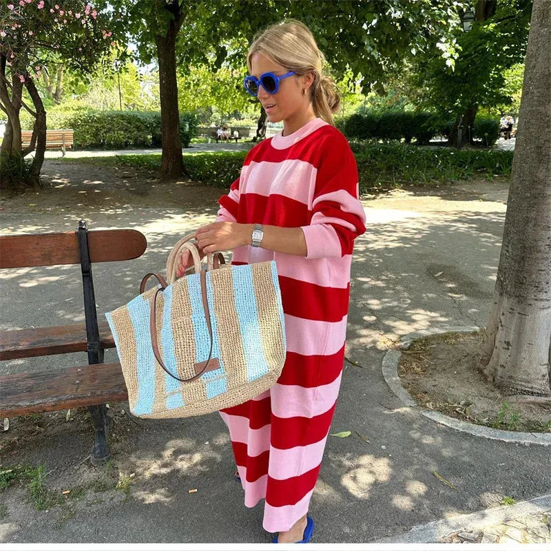Striped Long Sleeve Knit Midi Dress