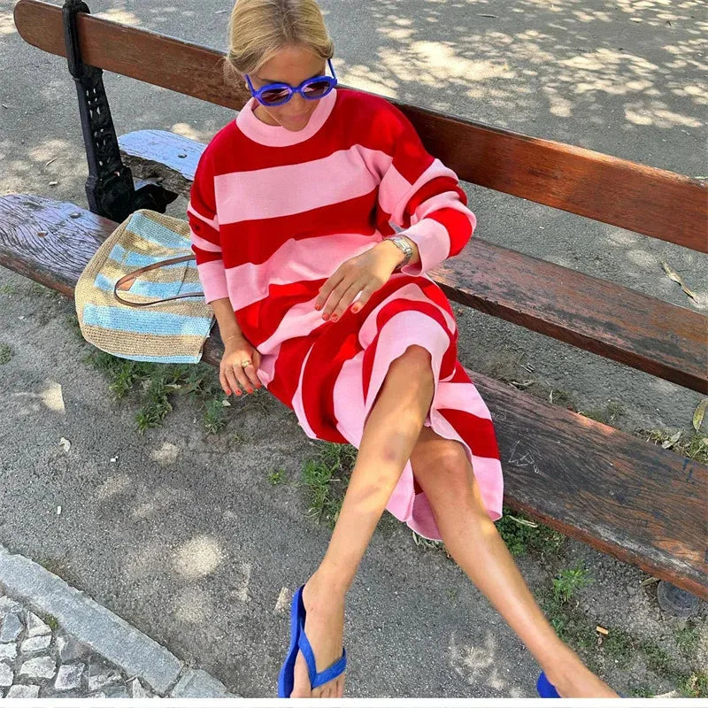 Striped Long Sleeve Knit Midi Dress