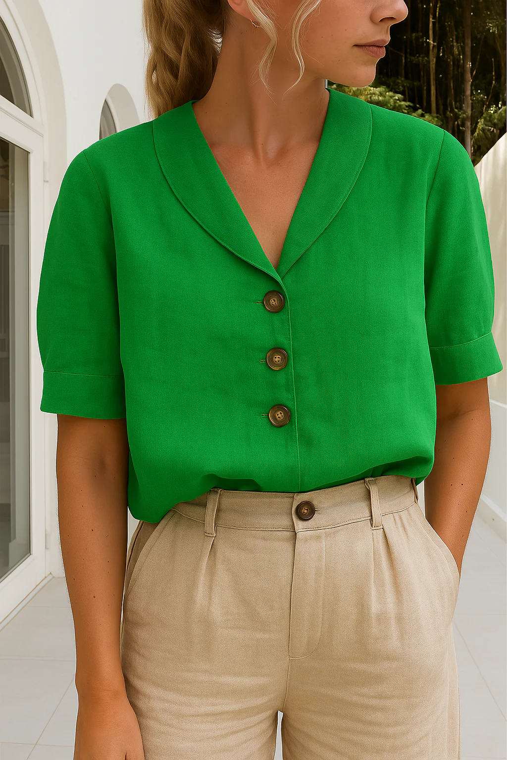 Short Sleeve Scarf Collar Blouse