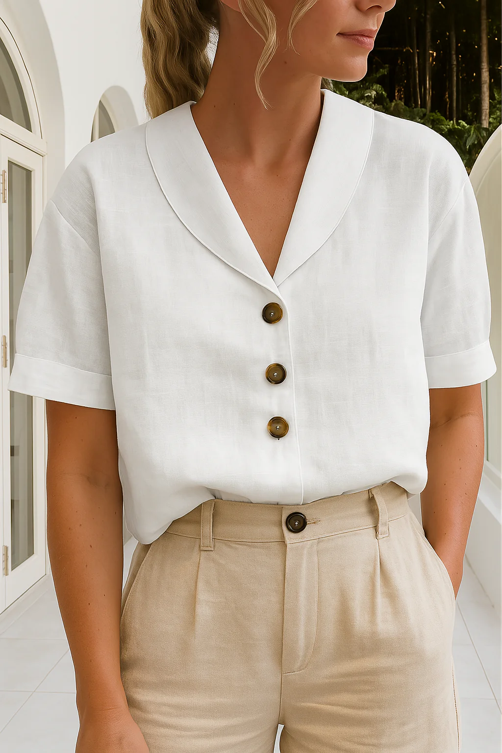 Short Sleeve Scarf Collar Blouse