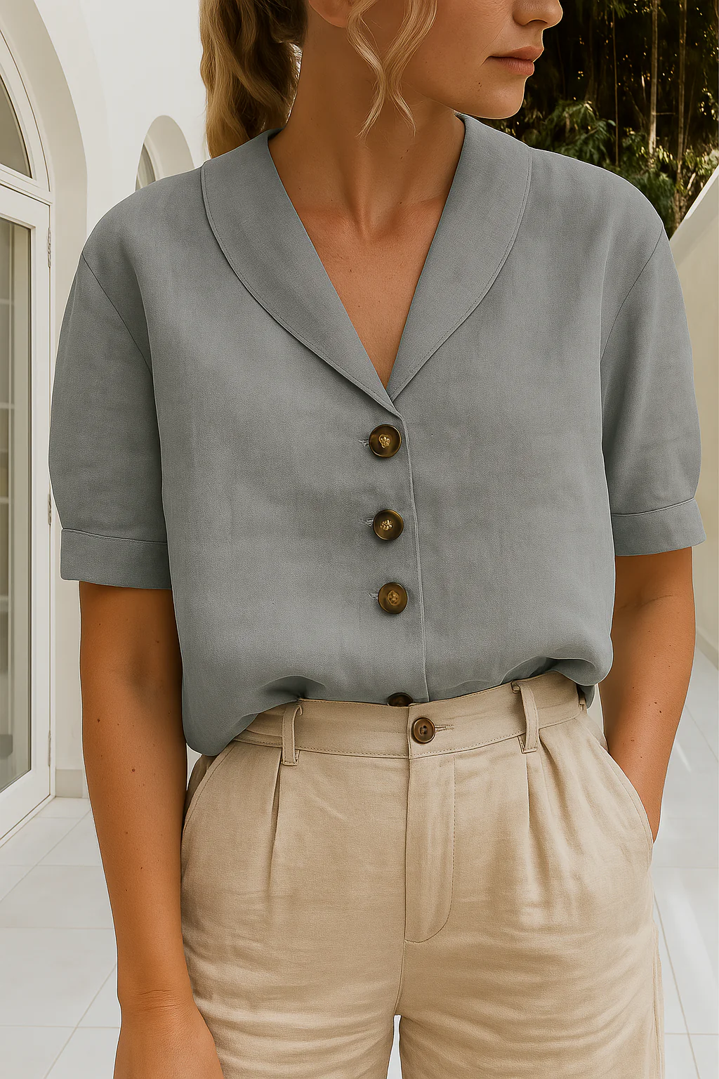Short Sleeve Scarf Collar Blouse