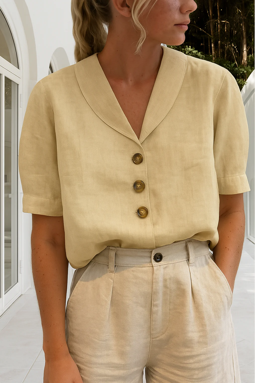 Short Sleeve Scarf Collar Blouse