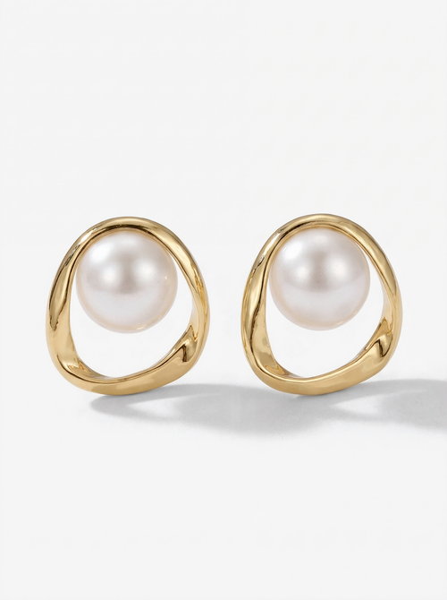 Abstract Gold Pearl Drop Earrings