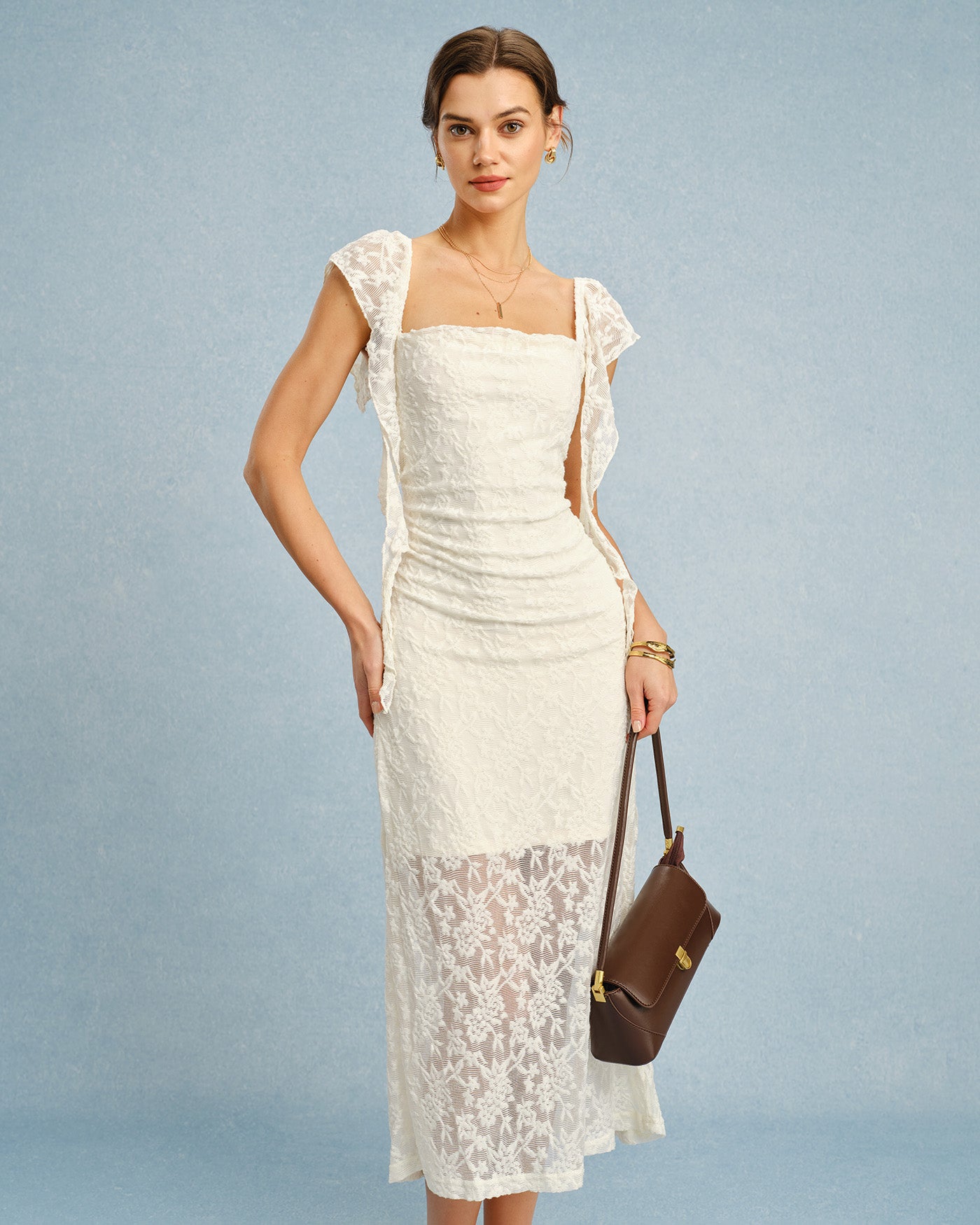 Lace Ruched Midi Dress