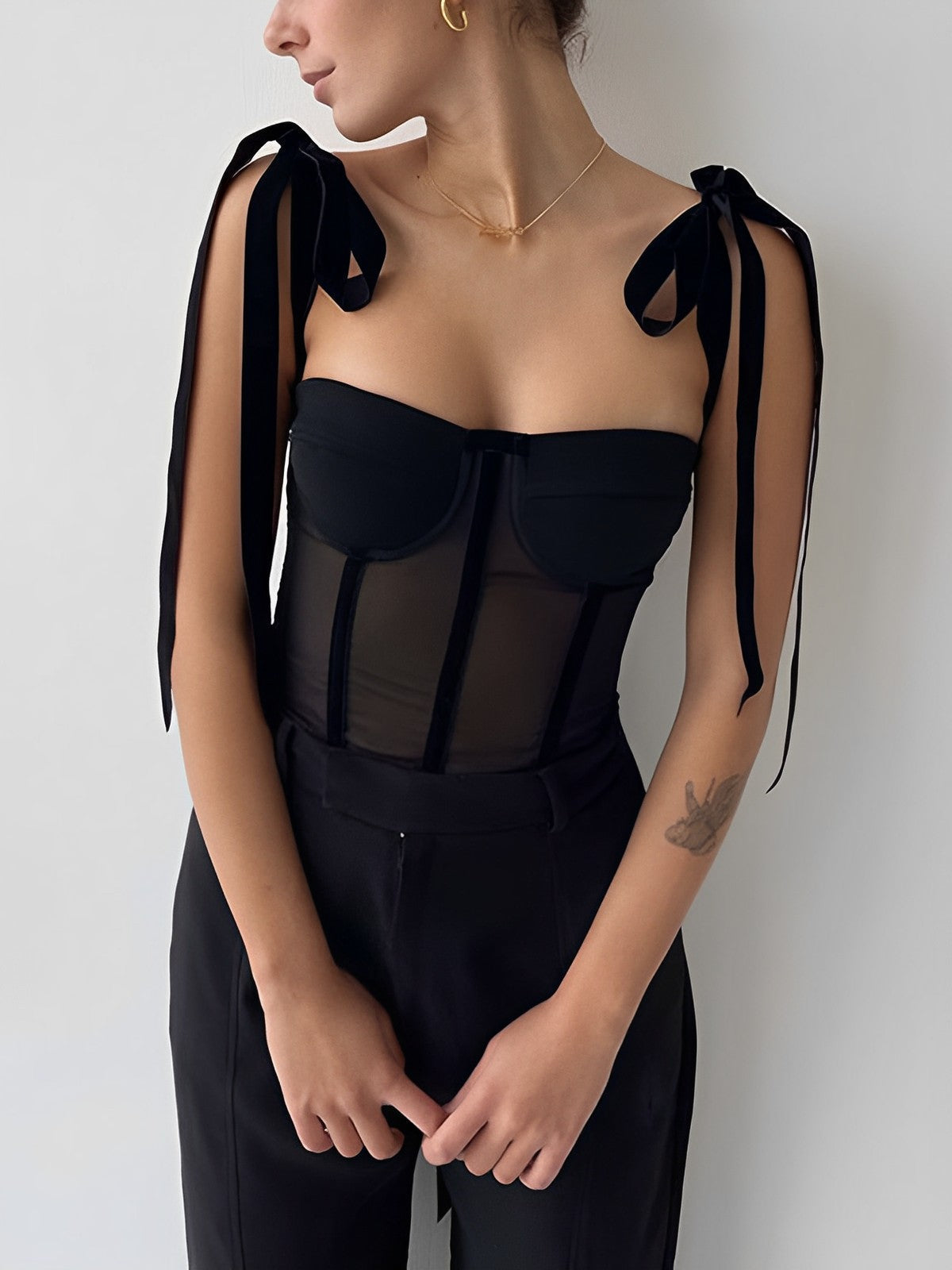 Velvet Tie-Strap Mesh Top