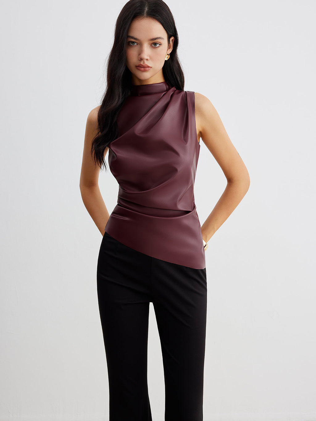 Draped Leather-Look Blouse