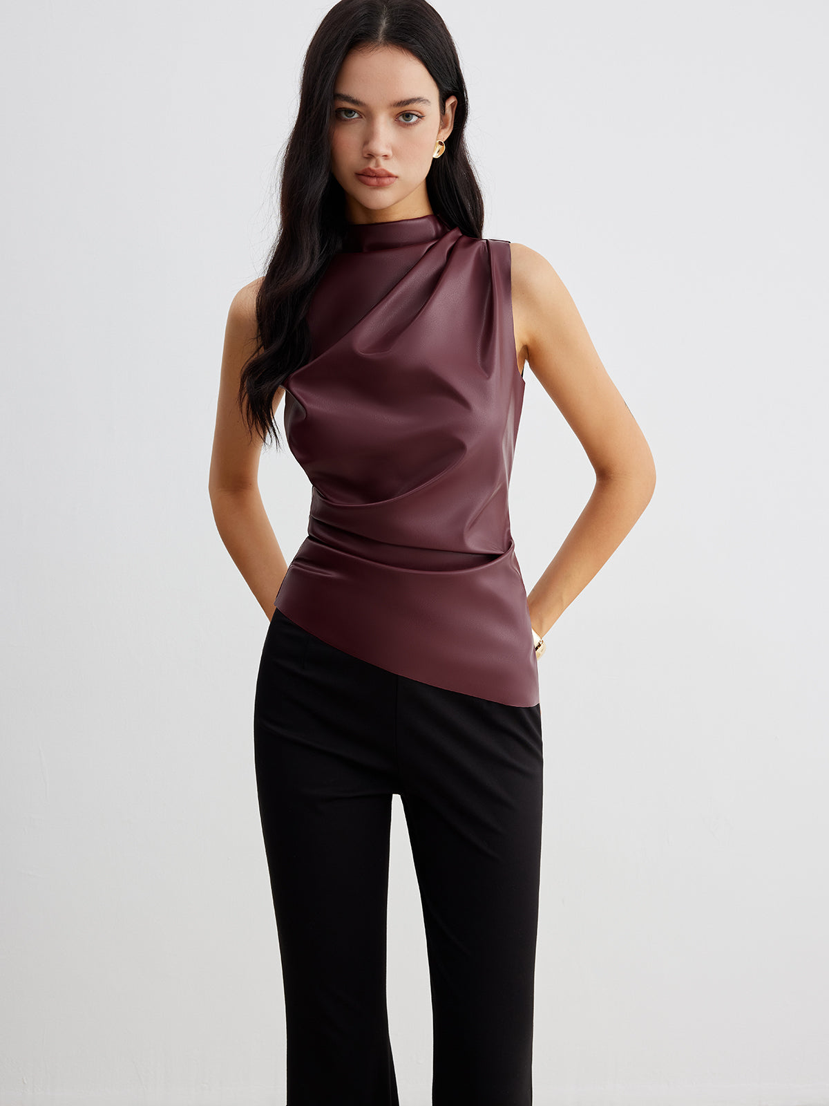 Draped Leather-Look Blouse