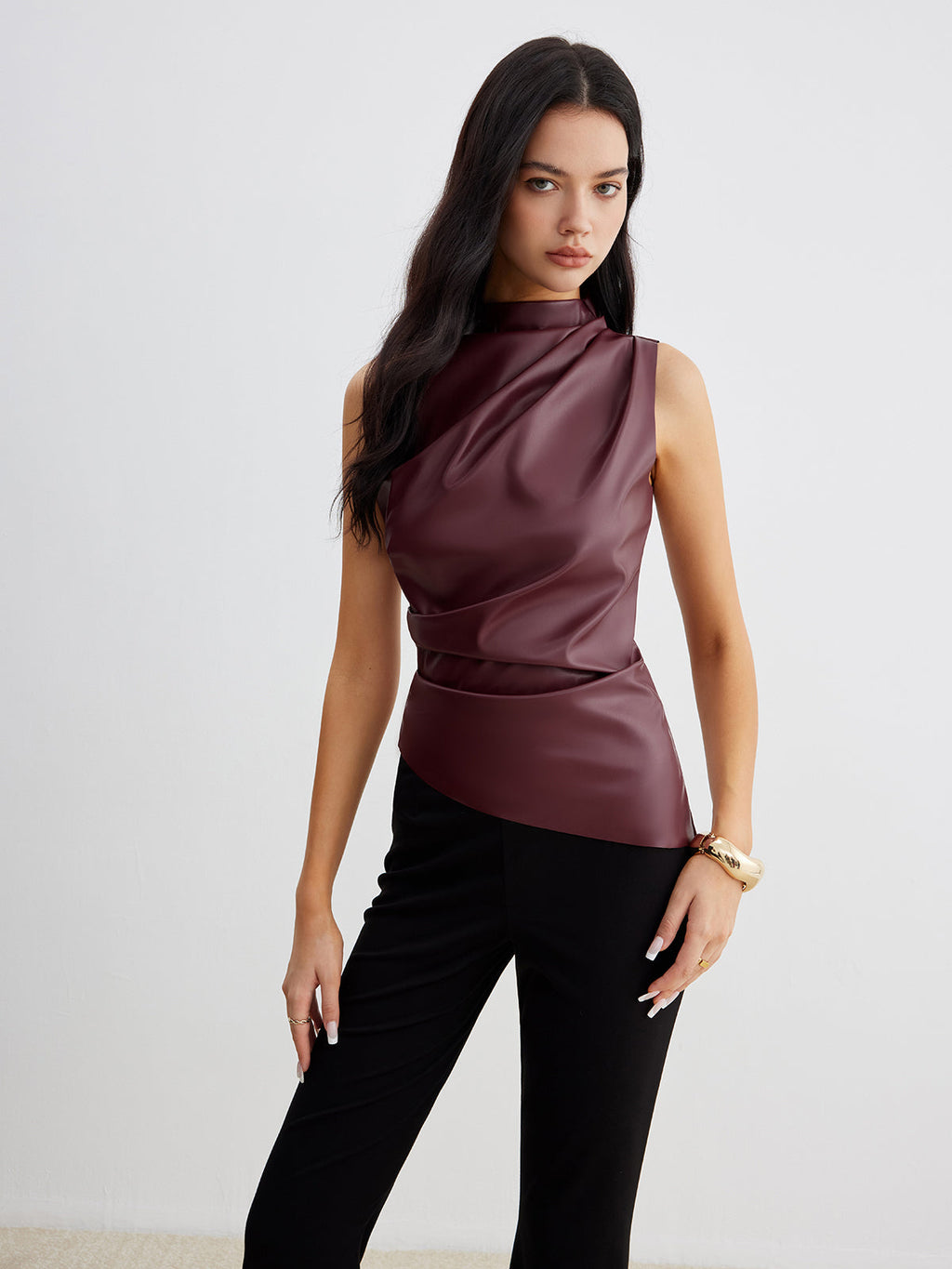Draped Leather-Look Blouse