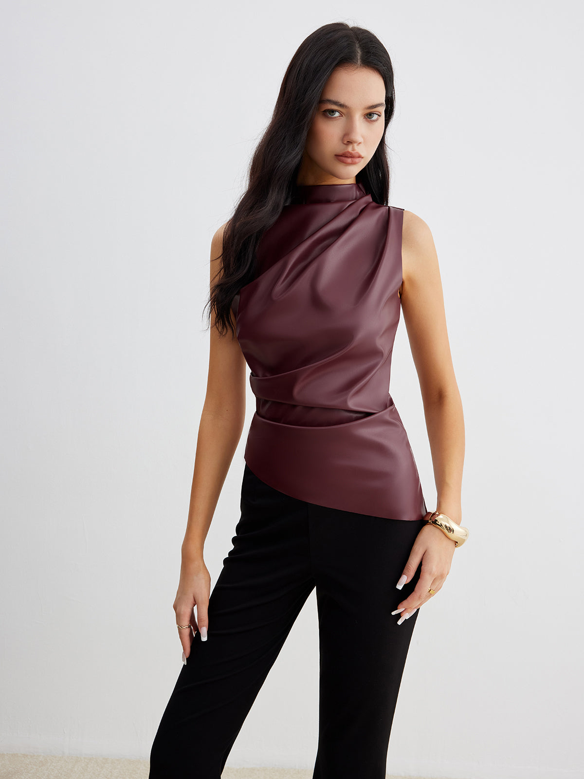Draped Leather-Look Blouse