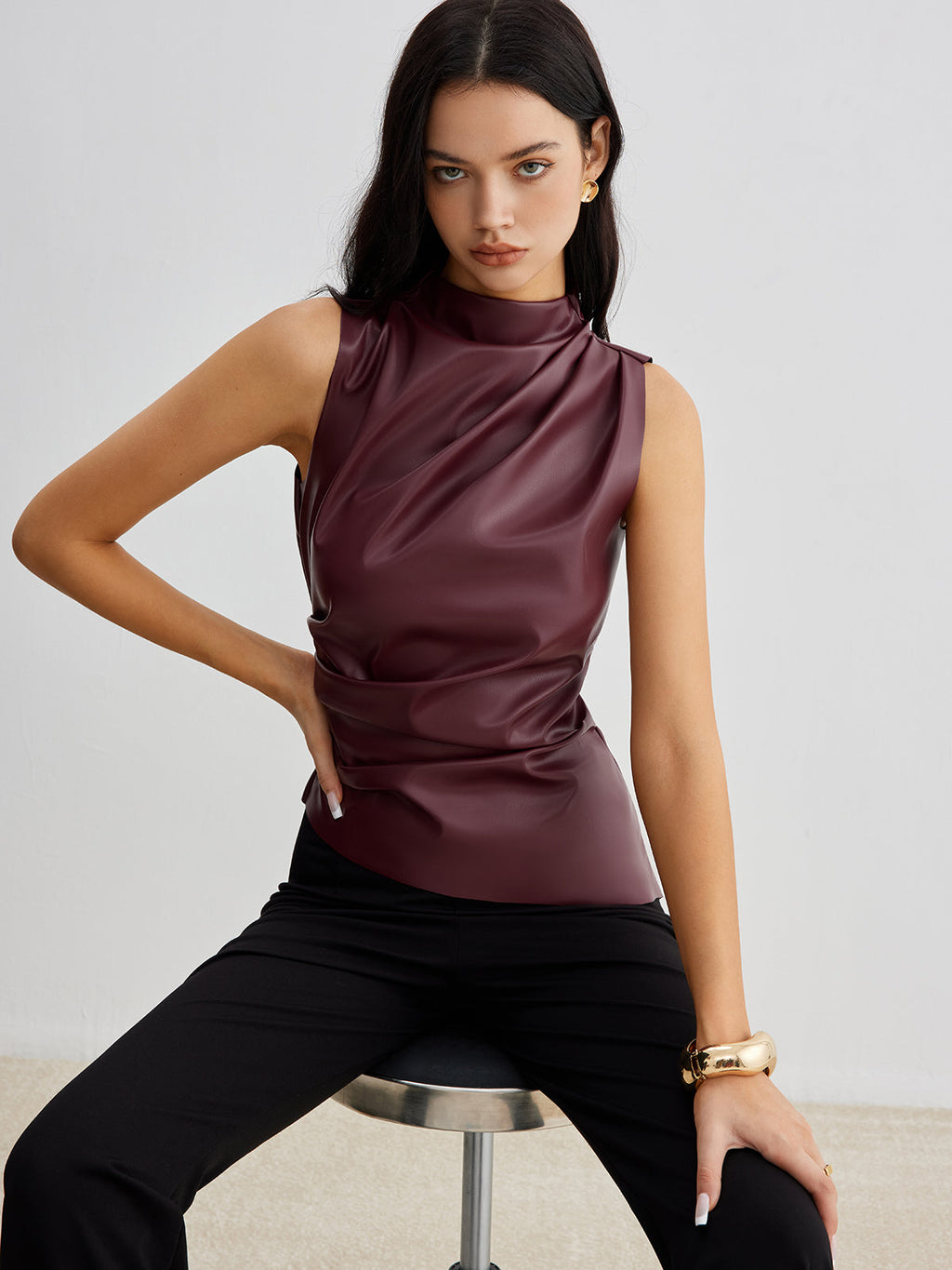 Draped Leather-Look Blouse