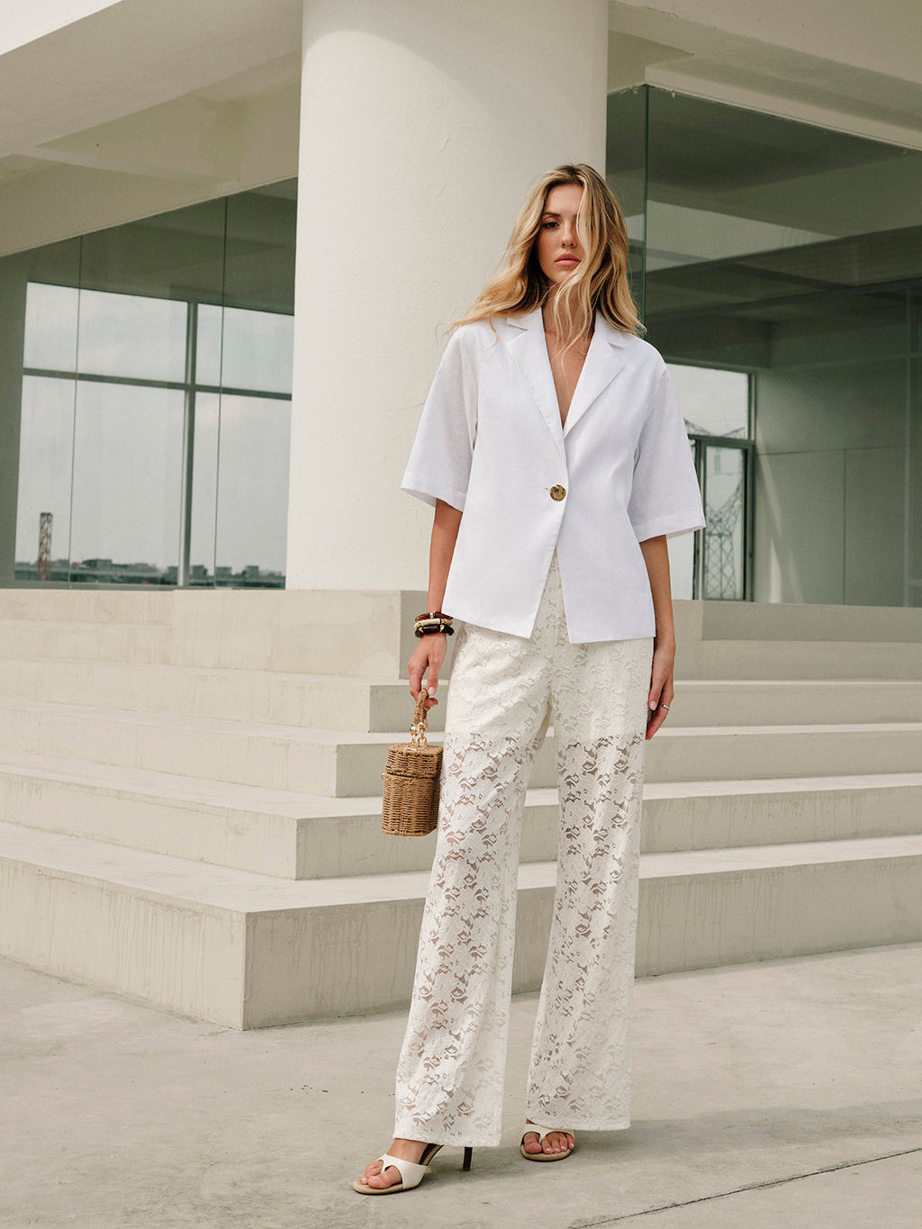 Lace Wide-Leg Drawstring Trousers