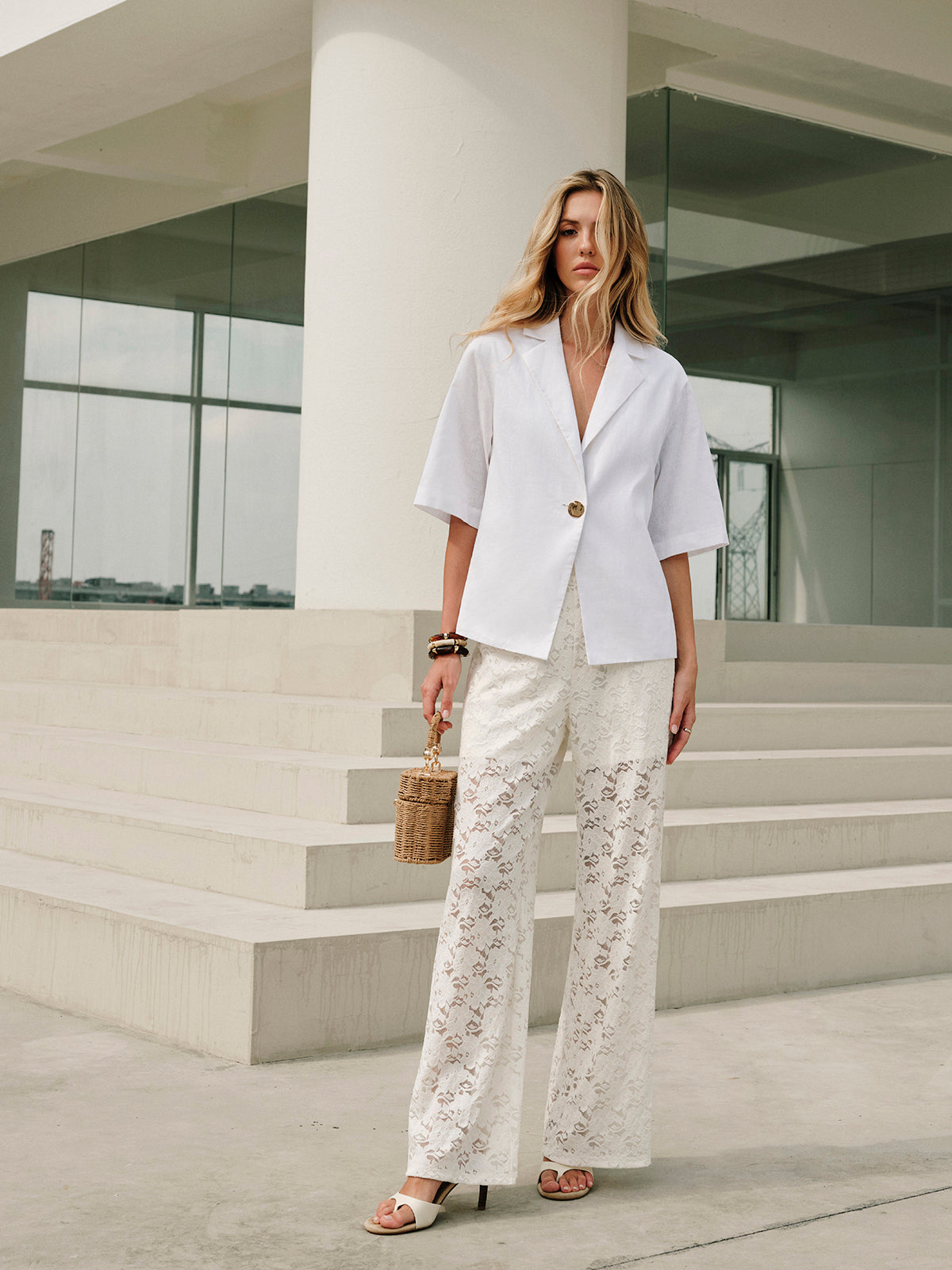 Lace Wide-Leg Drawstring Trousers