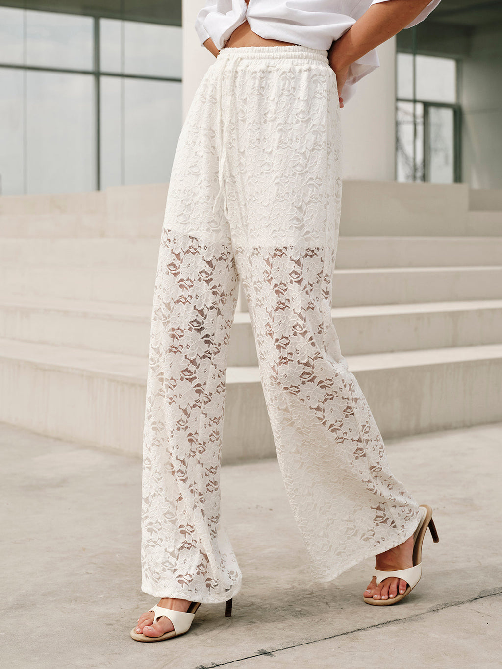Lace Wide-Leg Drawstring Trousers