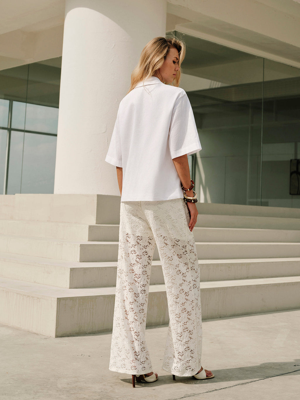 Lace Wide-Leg Drawstring Trousers
