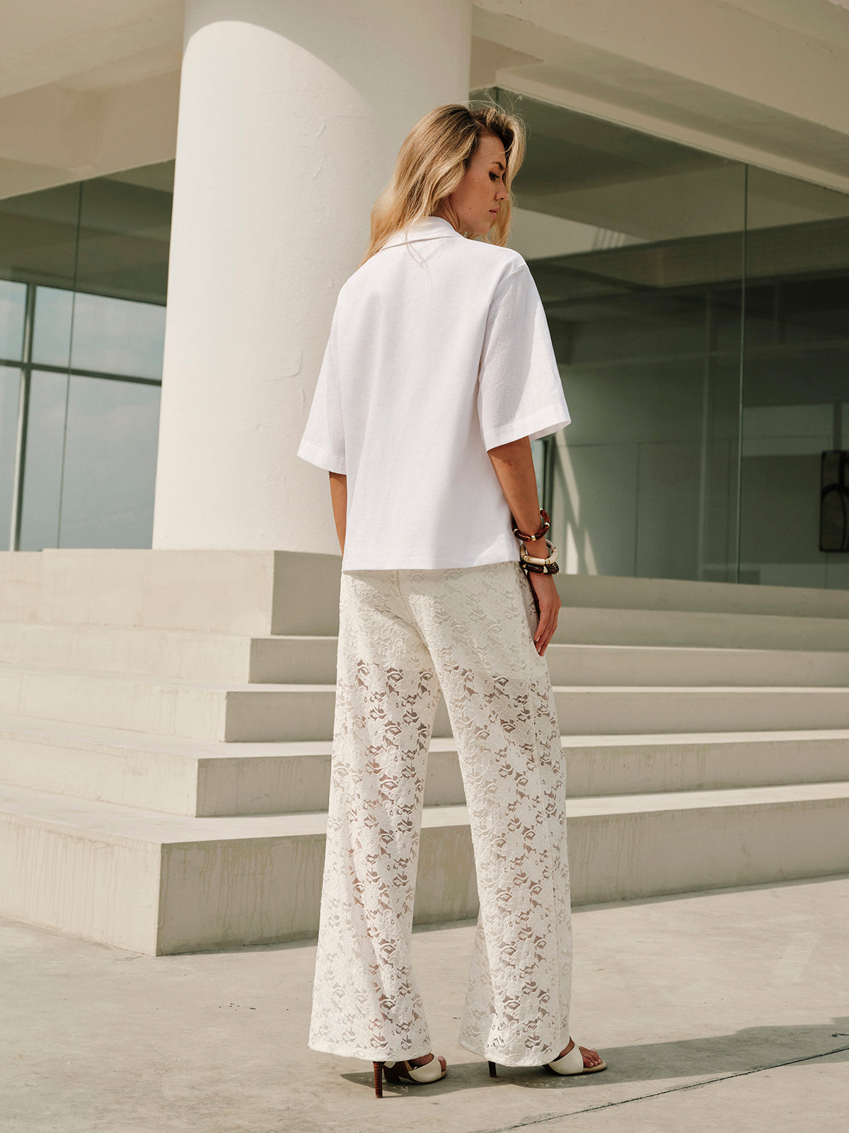 Lace Wide-Leg Drawstring Trousers
