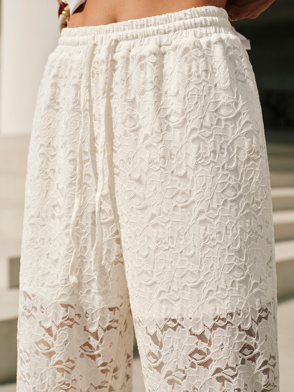 Lace Wide-Leg Drawstring Trousers