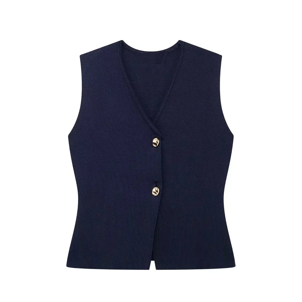 V-Neck Button Sleeveless Top