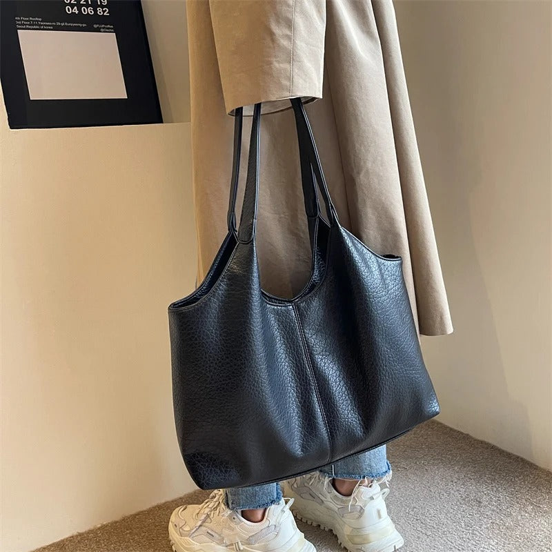 Oversized Slouchy Vegan Leather Shoulder Tote Bag