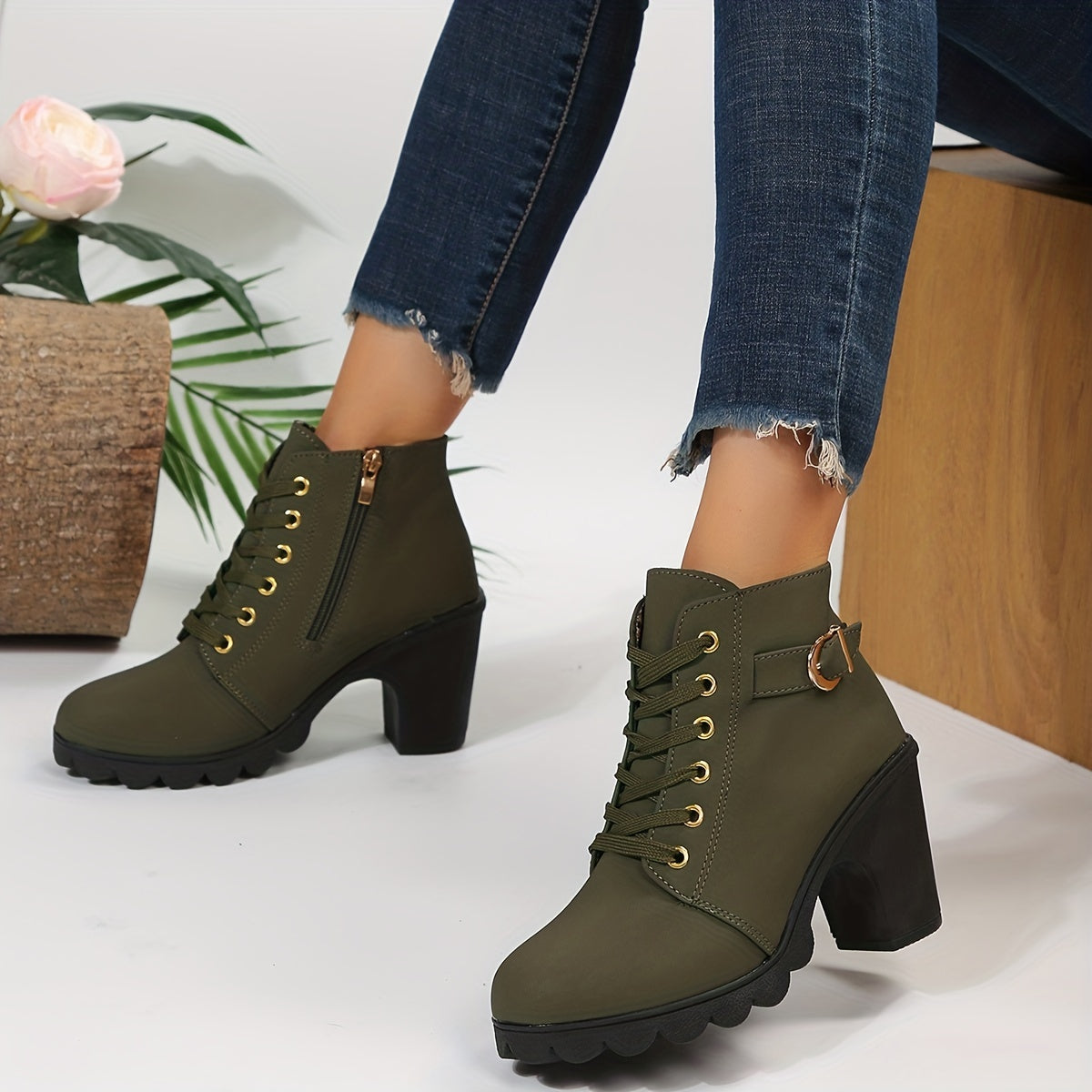 Chunky Heel Lace-Up Ankle Boots