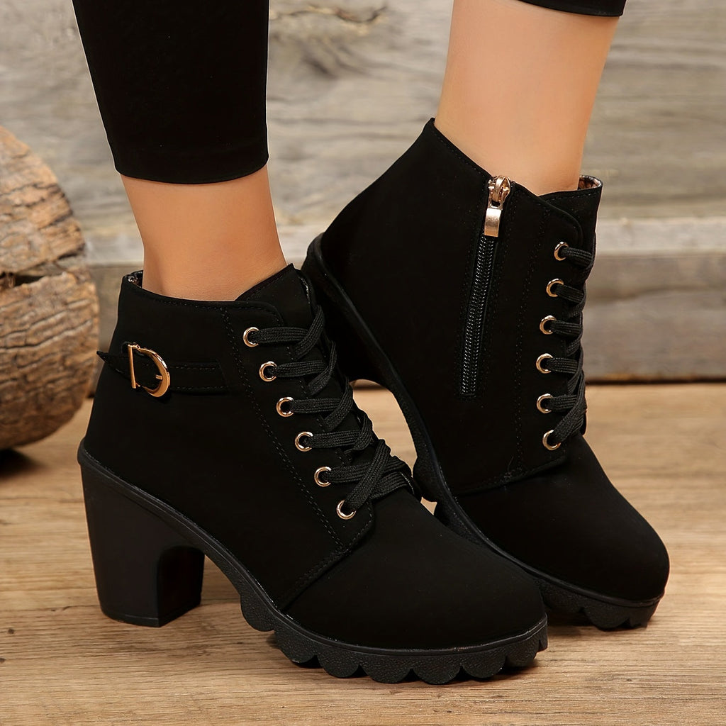 Chunky Heel Lace-Up Ankle Boots