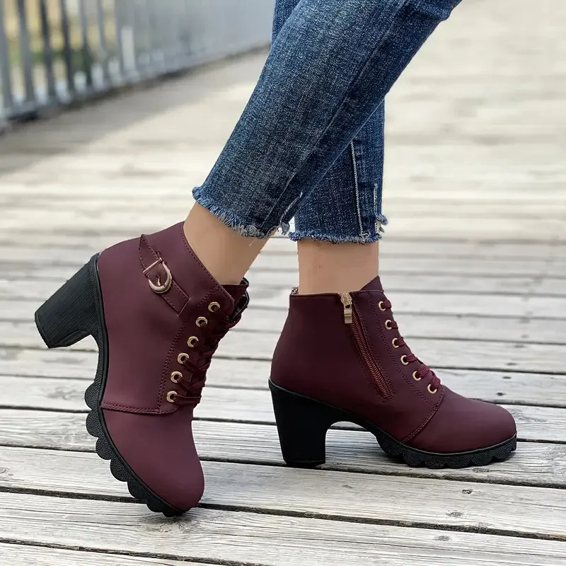 Chunky Heel Lace-Up Ankle Boots