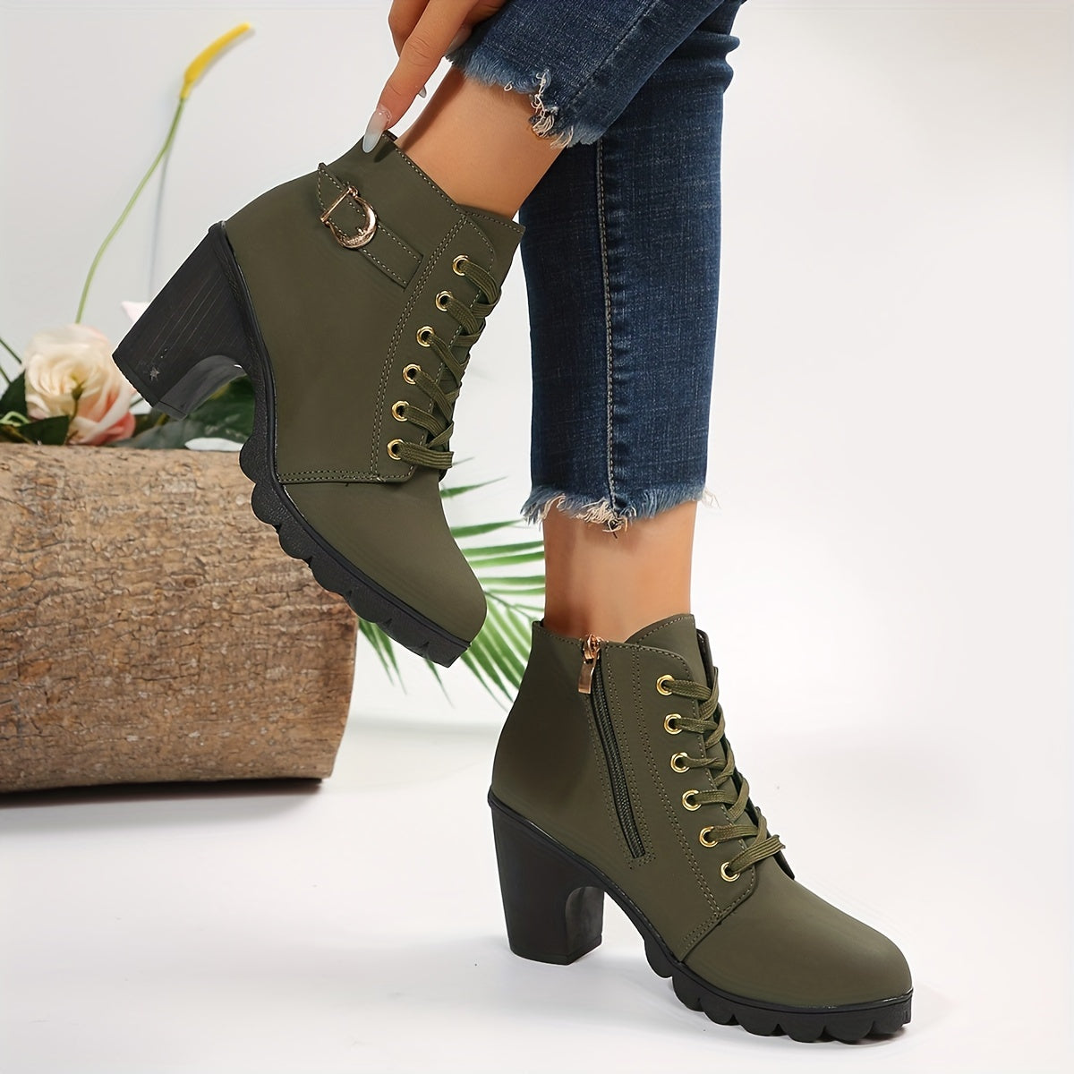 Chunky Heel Lace-Up Ankle Boots