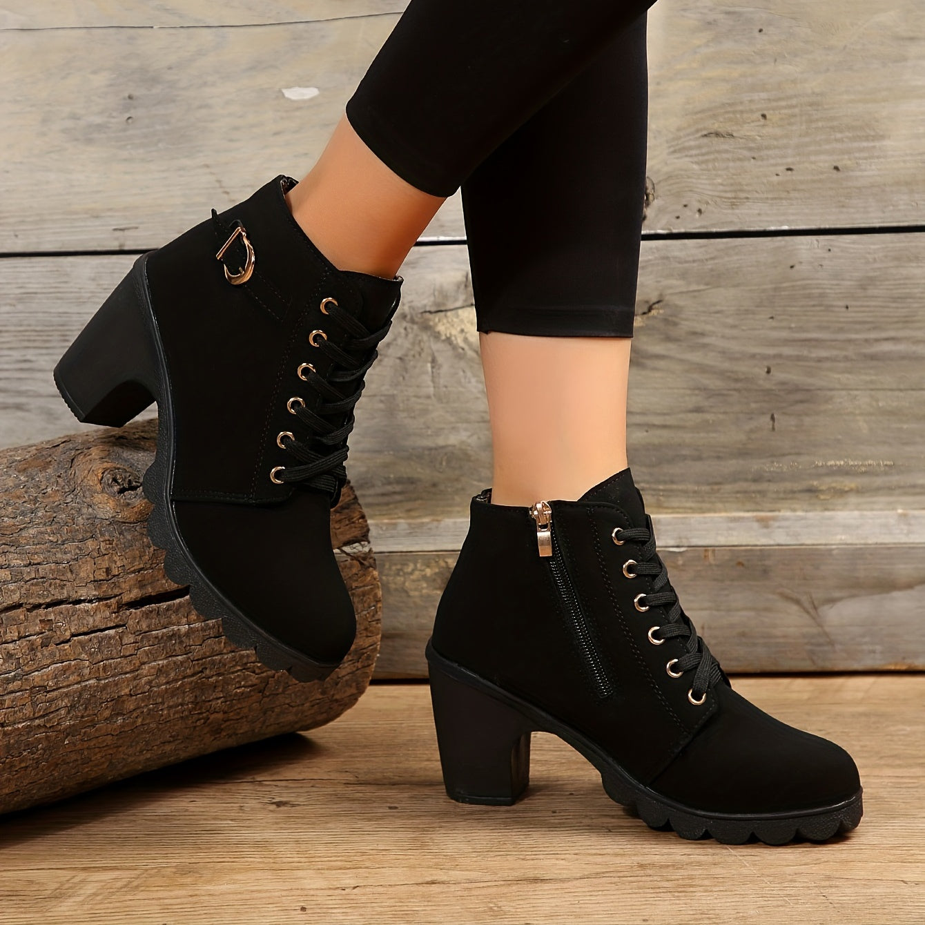 Chunky Heel Lace-Up Ankle Boots