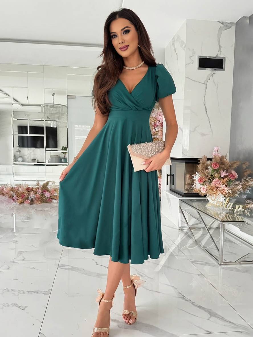 Puff Sleeve Wrap Midi Dress