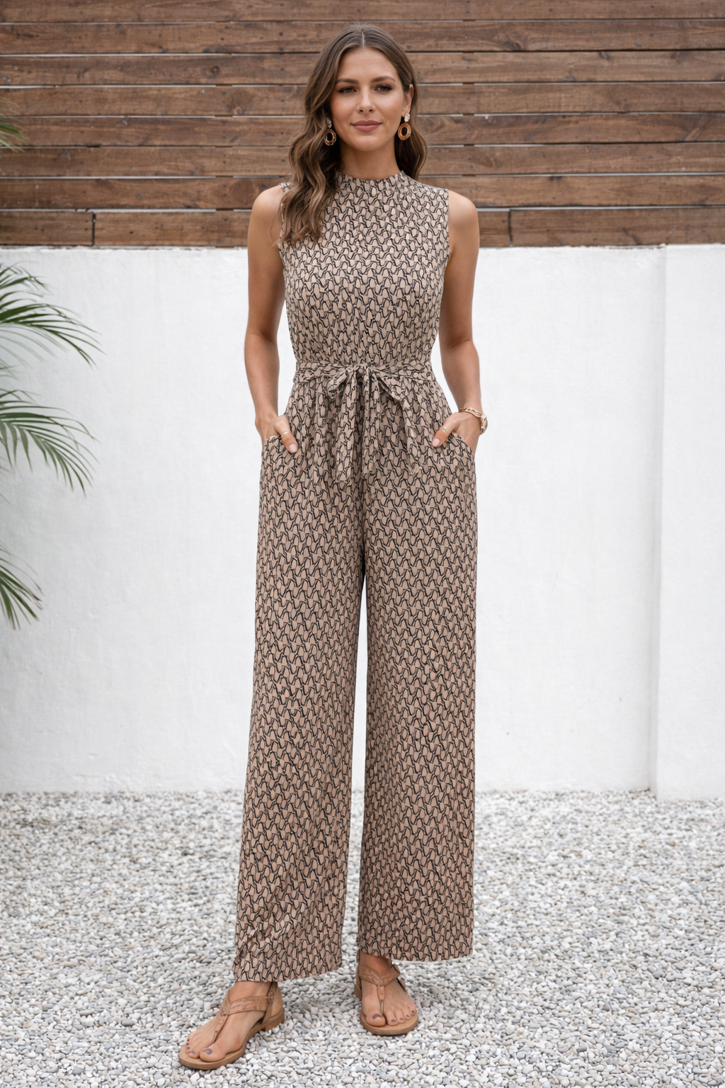 Patterned Sleeveless Wide-Leg Jumpsuit